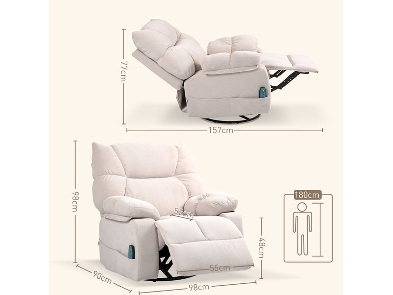  Fauteuil relax beige avec massage et chauffage, inclinable manuel 145°, pivotant 360°, repose-pieds  - Conforama C