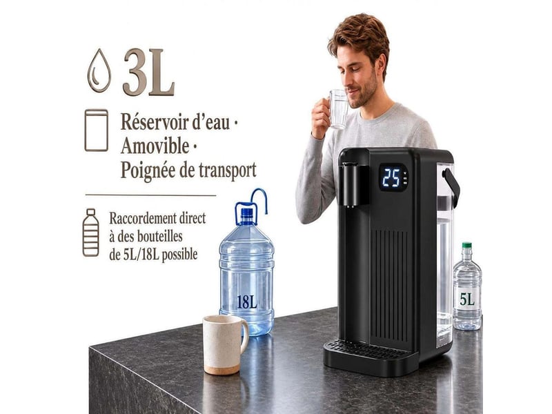Distributeur d'eau chaude instantanée 2000w 3l – bouilloire électrique chauffe rapide en 3 secondes, 12 températures de 25 à 99°c, écran led tactile et sécurité enfant – noir - Conforama C