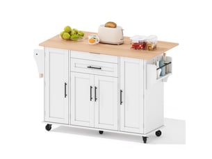 Îlot de cuisine 136x70x92 cm, desserte extensible avec portes, tiroirs, porte-épice, porte-serviette et étagères, mdf, blanc