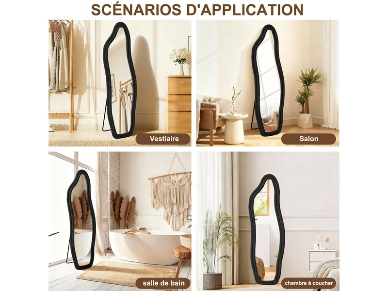  Miroir sur pied – forme organique irrégulière – cadre en velours – miroir en verre trempé haute définition  - Conforama D