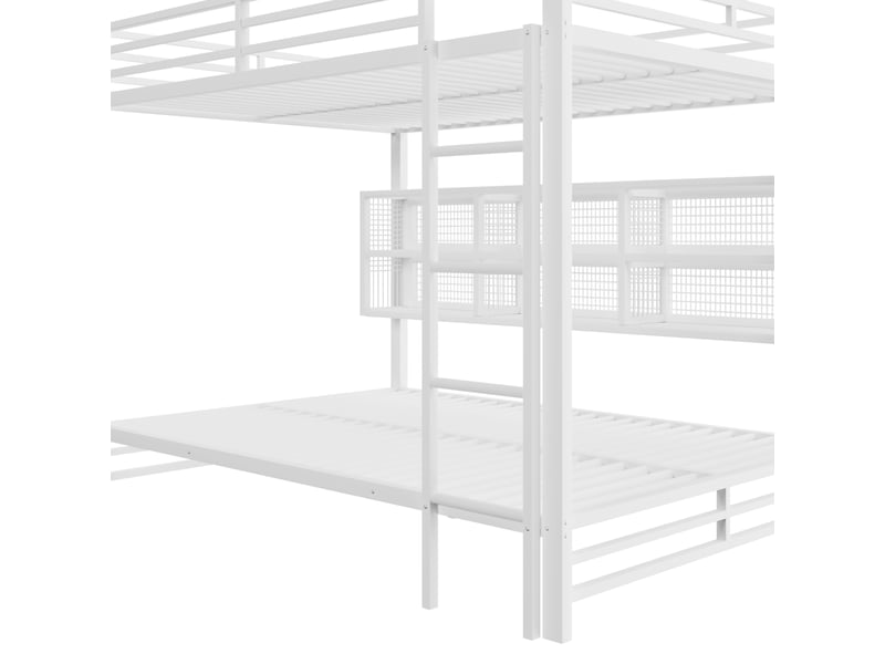  Lit superposé blanc 140x200 cm en métal avec 6 compartiments de rangement, éclairage led et barrières de protection  - Conforama D