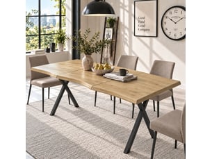 Table à manger 160x78x77 cm plateau ondulé, pieds en x en métal, en mdf couleur bois clair et noir