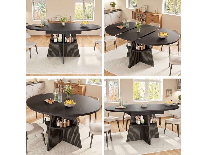  Table à manger extensible 110-150x110x76 cm, rangement ouvert, coins arrondis sur plateau épais, panneau aggloméré noir, destination salon  - Conforama D