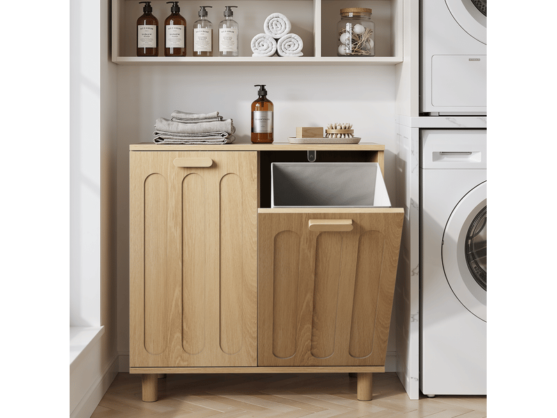  Meuble à linge 66 x 35 x 67 cm avec deux paniers basculants amovibles, mdf finition chêne  - Conforama B