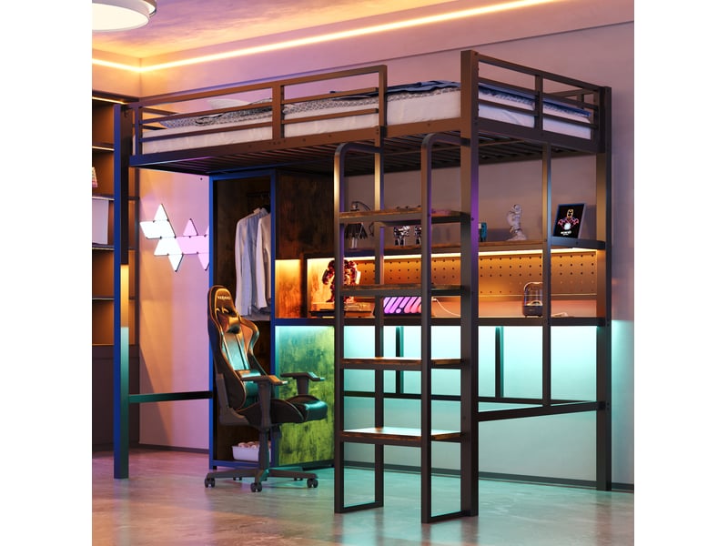  Lit mezzanine 90x200 cm avec bureau et led multicolores en métal et mdf noir  - Conforama C