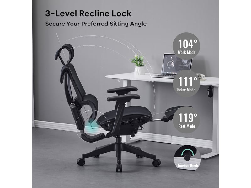  Chaise de bureau ergonomique noire en maille, réglage à 3 boutons et dossier inclinable 95° à 119°  - Conforama D