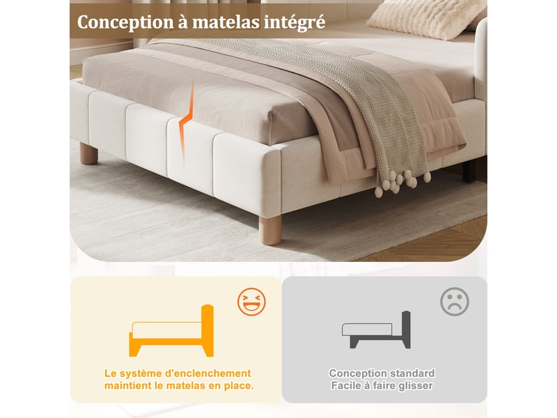  Lit enfant simple 90×200 cm, barrière et tête de lit rembourrée - okmyhome- velours beige, sans matelas  - Conforama E