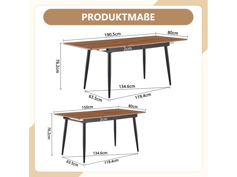  Table à manger, 6 à 8 places style industriel et foncé pour 8 personnes, plateau mdf, piètement métal, coloris marron  - Conforama C