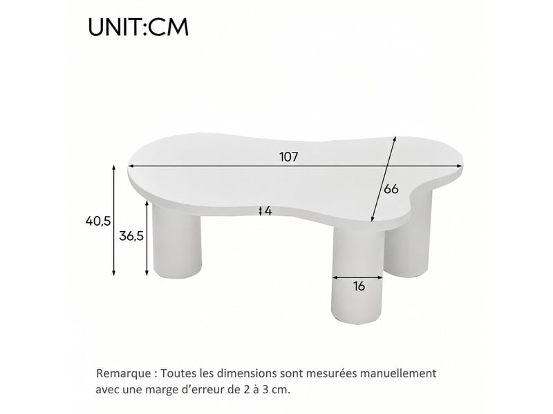  Table basse blanche en forme de nuage, plateau mdf laqué, 107 x 66 x 40,5 cm, blanc  - Conforama E