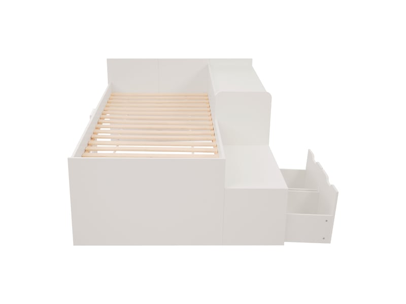  Lit combiné enfant, lit simple avec bureau, 2 tiroirs et rangement, 200×90 cm, sans matelas, blanc  - Conforama E