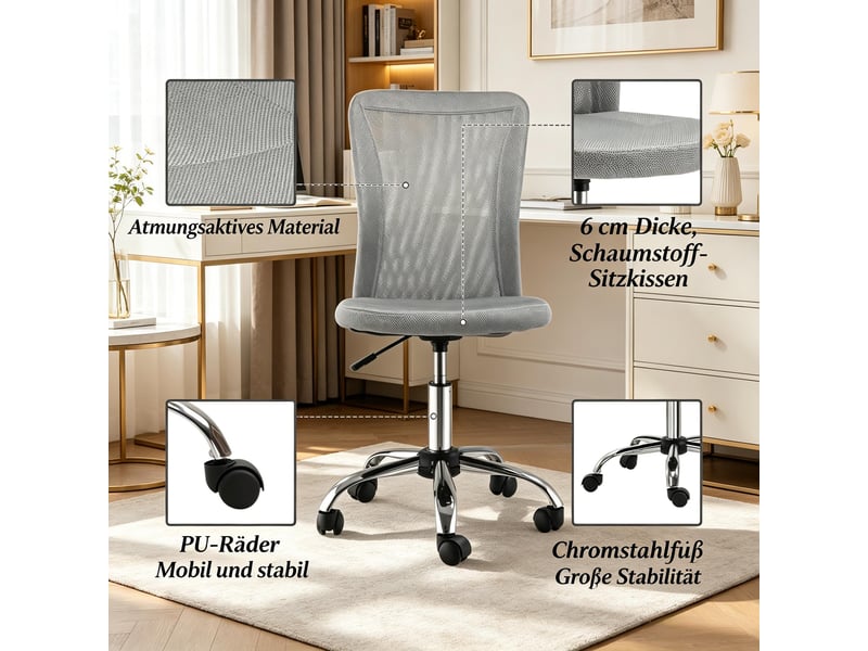  Chaise de bureau pivotante 360° réglable - lpospi - sans accoudoirs, maille - gris, 43 × 58 × 90-100 cm  - Conforama E