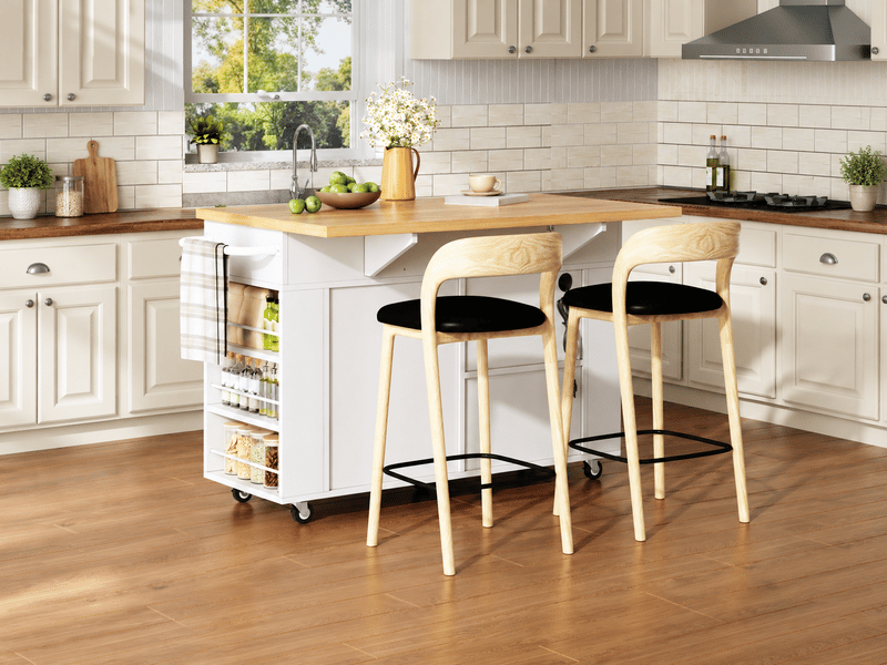  Îlot de cuisine 120 cm, plateau rabattable, 3 tiroirs, rangements coulissants, prises usb, roulettes, blanc et bois  - Conforama B