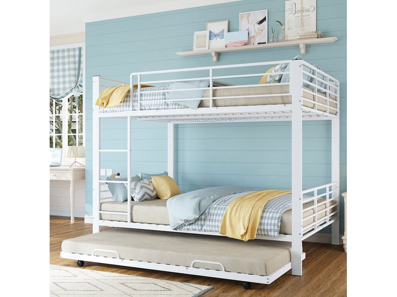  Lit superposé métal 140 x 200 cm pour 3 personnes avec lit inférieur escamotable,blanc mat  - Conforama D