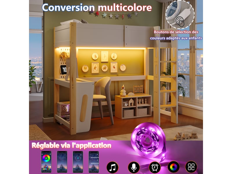 Lit mezzanine avec éclairage led, 90x200cm, avec bureau, panneau perforé, lit structure en pin, blanc - Conforama E