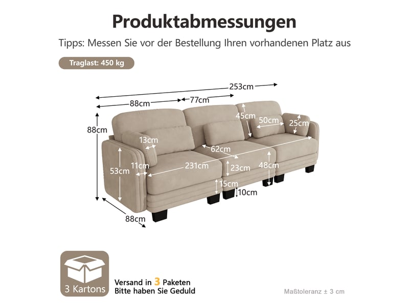  Canapé modulable - 3 places - coussins d'accoudoirs - tissu chenille - mobilier de salon - configuration flexible - brun clair CozyNest - Conforama D