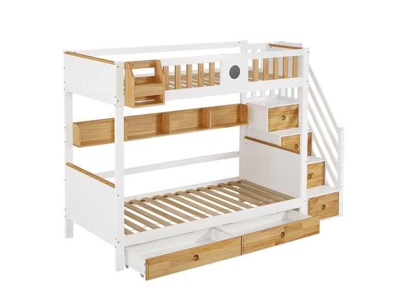 Lit superposé enfant 90x200 cm – blanc et naturel – escalier de rangement, 2 tiroirs et étagères - sans matelas - Conforama D