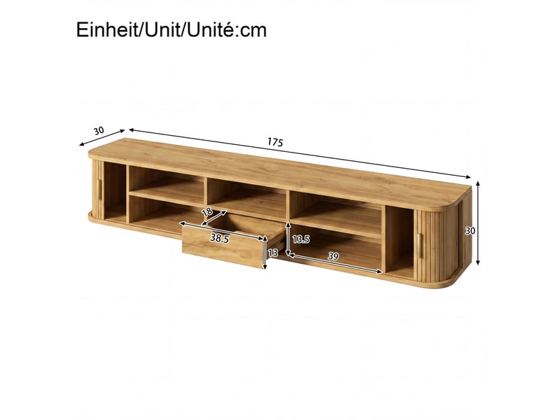 Meuble tv mural 175x30x30 cm avec led, mdf, coloris naturel  - Conforama C
