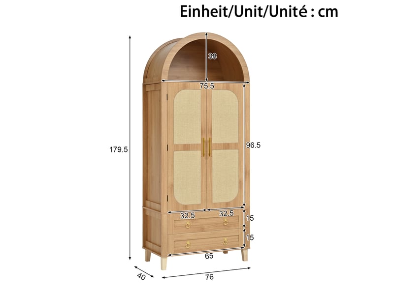 Buffet haut 76x40x179,5 cm avec niche ouverte en arc, éclairage led, 2 portes décor rotin et 2 tiroirs, mdf, naturel  - Conforama C