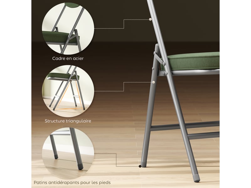 Lot de 4 chaises pliantes chaises de salle à manger portables avec assises et dossiers rembourrés en côtelé velours vert  - Conforama R