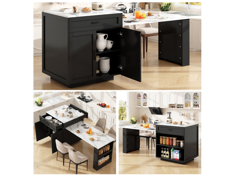  Îlot de cuisine extensible noir, table de bar avec rangement pour 2 à 6 personnes, mdf (98-204x70x93.5cm)  - Conforama C