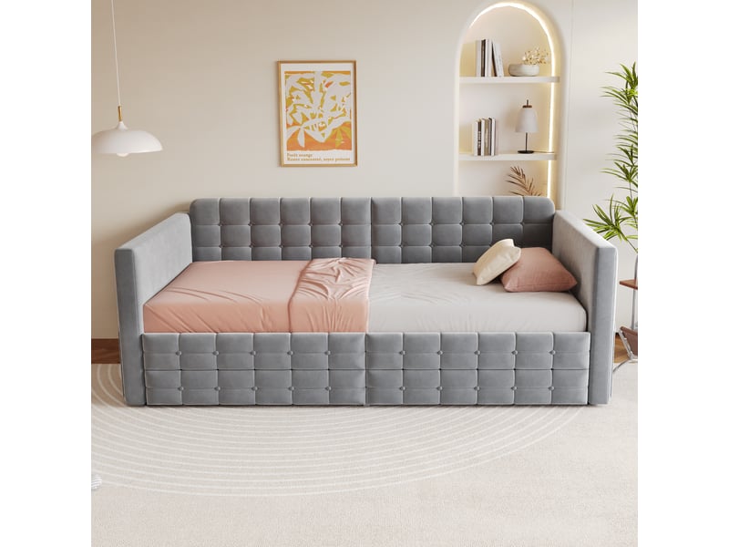  Canapé-lit 90x190 cm avec deux tiroirs, cadre de lit adulte avec compartiment de rangement, lit simple en velours, gris  - Conforama D