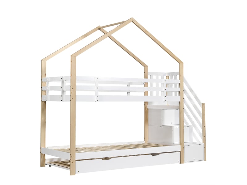  Lit superposé enfant 90x200 et 90x190 cm – blanc et naturel – lit gigogne, escalier de rangement – sans matelas  - Conforama E