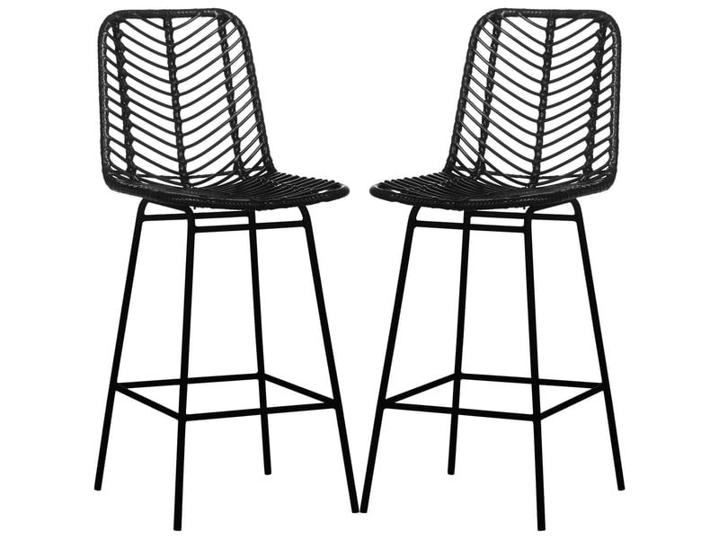 Lot de 2 tabourets de bar design bohème hauteur 66 cm avec repose-pieds métal et rotin pe - noir  - Conforama B