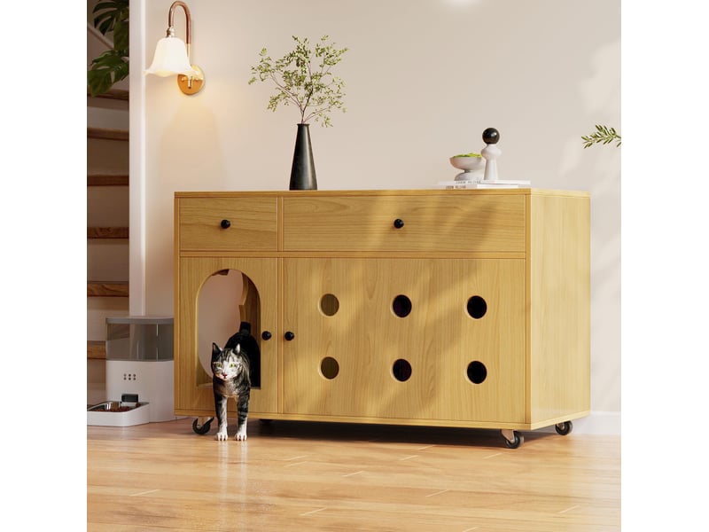  Meuble cache-litière félin 100x45x66 cm – naturel – 2 tiroirs, roulettes et rangement discret intégré  - Conforama B