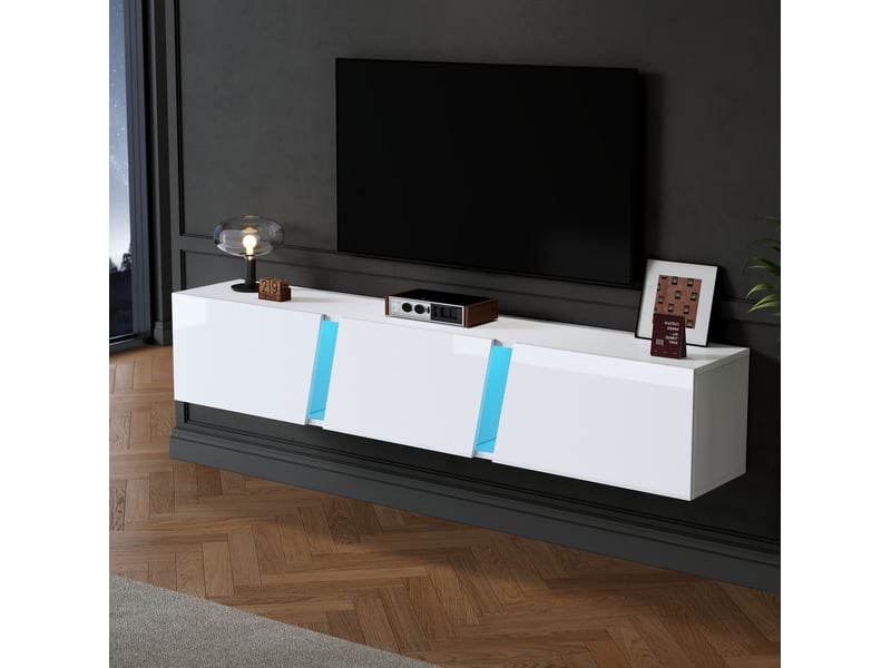  Meuble tv mural modenvie 180 x 35 x 30 cm avec led, 3 portes abattantes, blanc brillant et acrylique bleu  - Conforama D