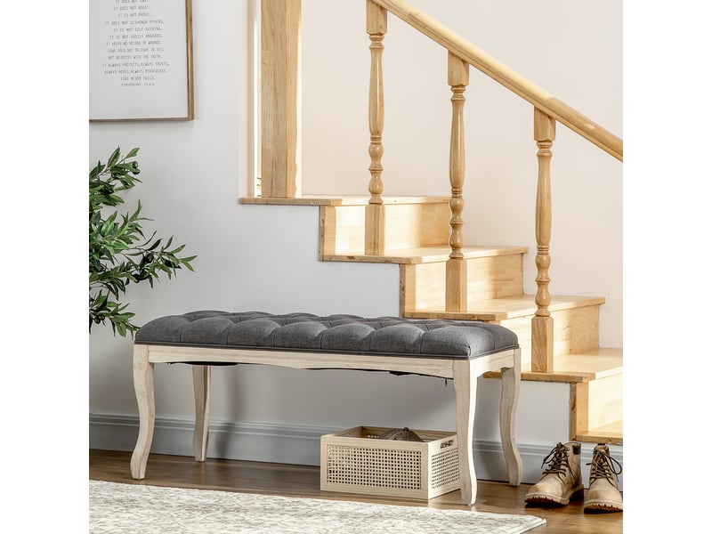  Banc banquette capitonnée style classique 110 cm bout de lit rembourrée en lin piètement bois hévéa sculpté lin gris  - Conforama C
