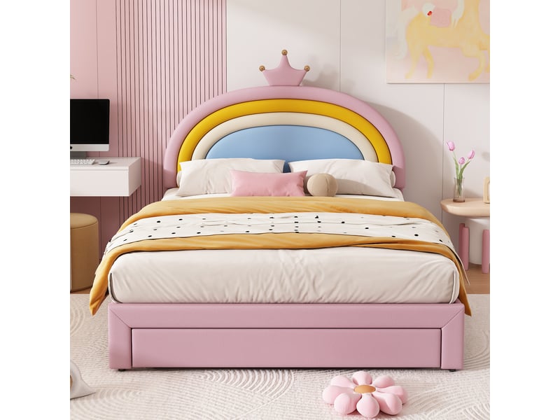 Lit enfant 140x200 cm avec tiroir au pied, lit rembourré avec tête arc-en-ciel couronne réglable sur 2 hauteurs, jusqu’à 150 kg, revêtement pu, rose OPULERANE TRADING LTD - Conforama E