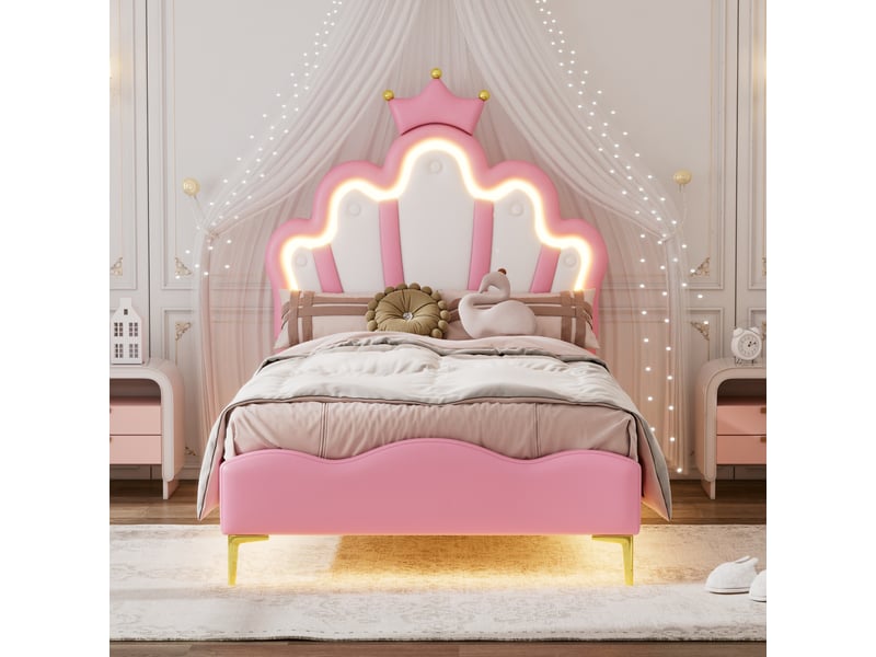  Lit enfant 90x200, lit simple 90x190, éclairage led et tête de lit réglable, style princesse nuage, sommier à lattes, rosa  - Conforama D