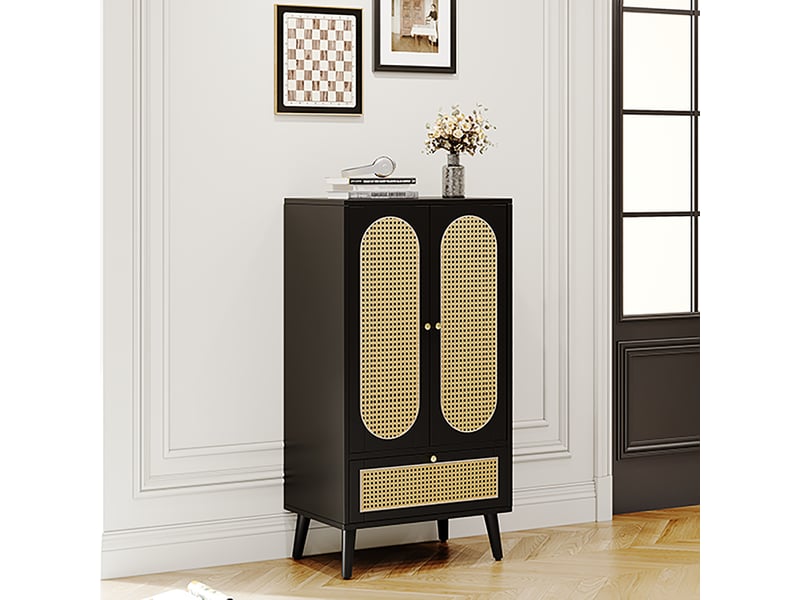  Buffet haut 2 portes et 1 tiroir, 60 cm, noir et rotin evryae  - Conforama C