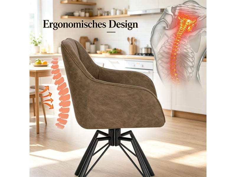  Lot de 2 chaises de salle à manger pivotantes 360° avec accoudoirs  - assise large simili cuir marron  - Conforama E