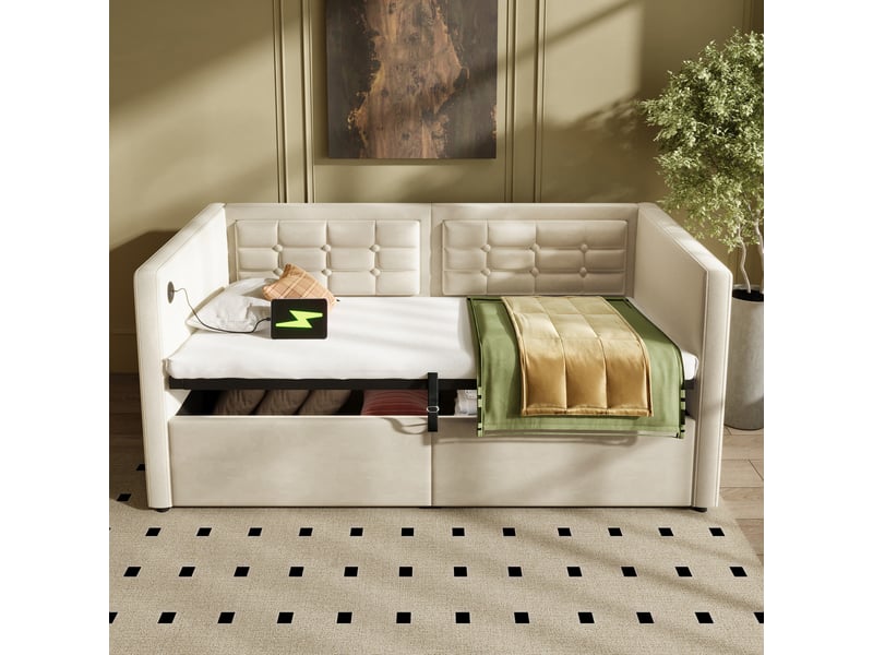  Modenvie lit banquette coffre 90x200 cm - rangement hydraulique, ports usb et usb-c, sans matelas - beige  - Conforama B