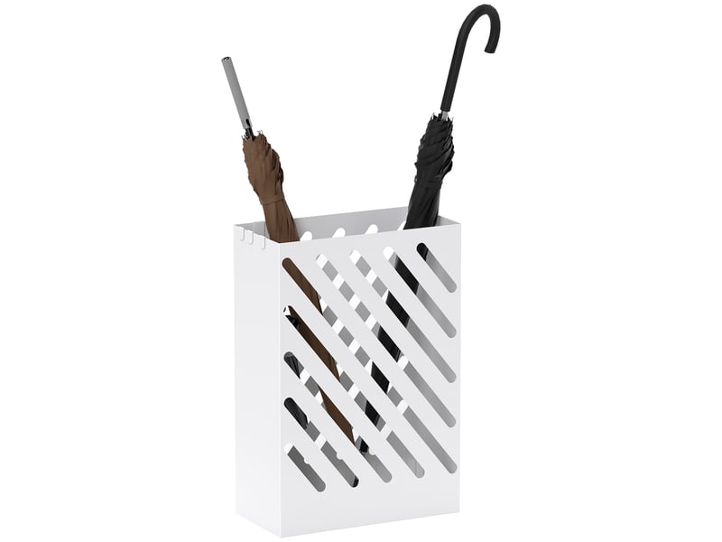  Porte-parapluie en acier rectangulaire, support pour parapluies avec 4 crochets et bac d'égouttement amovible, blanc  - Conforama A