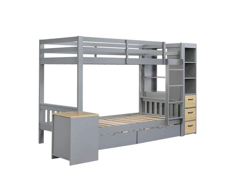 Lit superposé en bois 90×200 cm avec 2 tiroirs, rangements et échelle, gris - Conforama E