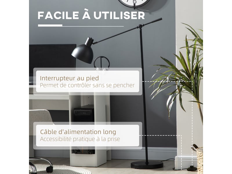  Lampadaire sur pied salon 40 w hauteur réglable, abat-jour et bras orientable, interrupteur à pied, noir, culot e27  - Conforama R