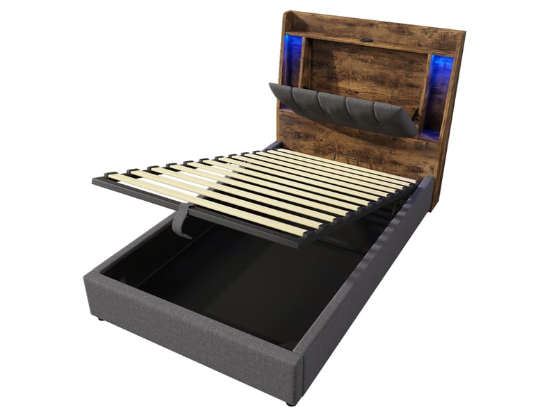 Lit capitonné, 90 x 200 cm, avec port de chargement usb type-c, sans matelas, compartiment de rangement rabattable, rangement multifonctionnel, éclairage led, commande par bouton-poussoirapplication, lin, gris - Conforama E