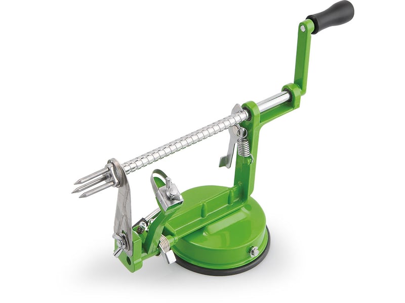 Éplucheur à pommes en métal, dimensions 25,5 x 14 x 11 cm, avec ventouse, manche fixe, idéal pour une utilisation facile et efficace en cuisine, vert - Conforama A