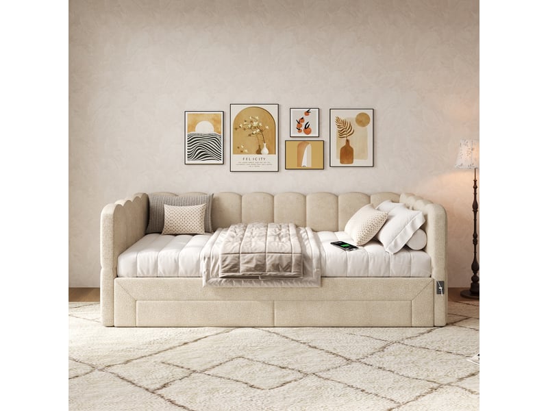 Lit banquette extensible 90 × 190 à 180 × 190 cm, 2 tiroirs, chenille beige IKSETERA TRADING LTD - Conforama D