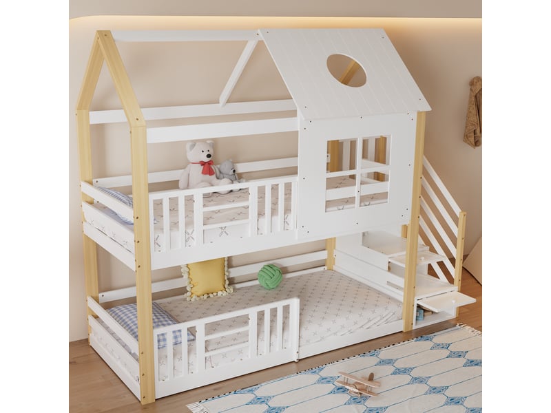  Lit superposé cabane en pin et mdf blanc et naturel 90x200 cm avec escalier de rangement, fenêtre, toit et barrière anti-chute  - Conforama E