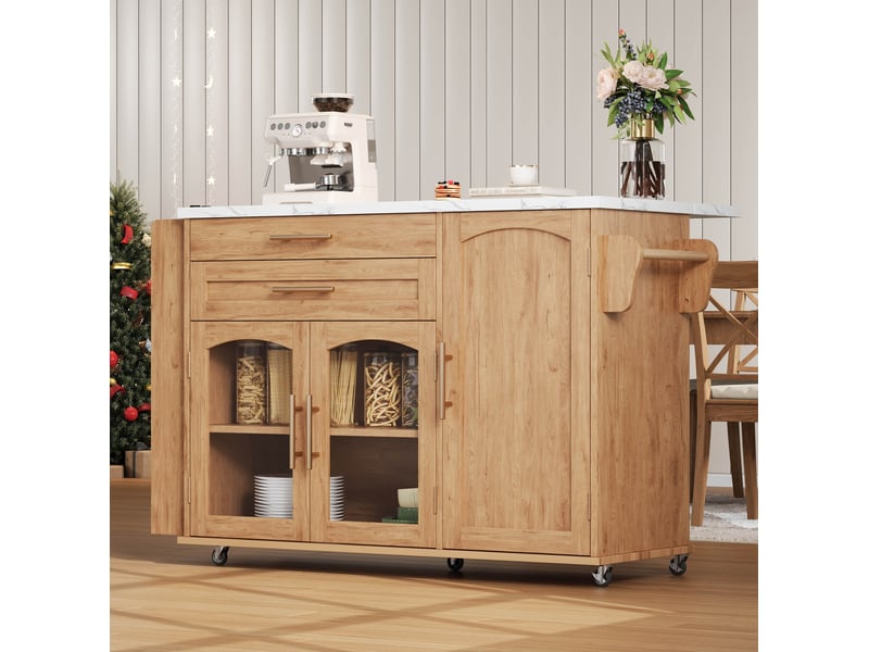 Îlot de cuisine mobile 138x70x90 cm naturel avec plateau rabattable - Conforama D