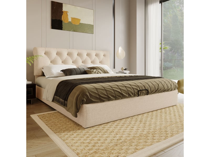  Lit double capitonné avec coffre de rangement et tête de lit réglable 160x200 cm lin naturel  - Conforama D
