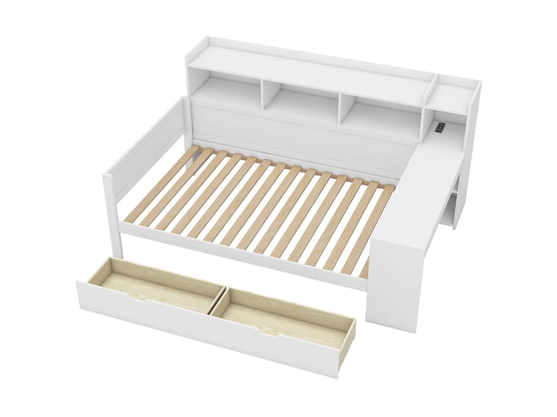 Lit enfant 90 x 200 cm rangement 2 tiroirs bureau intégré prise et usb panneaux particules mdf blanc sans matelas - Conforama E