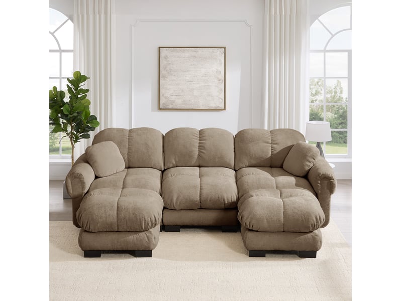 Canapé en u 3 places en tissu marron, avec ottomane mobile et 2 coussins décoratifs, pour le salon - Conforama B