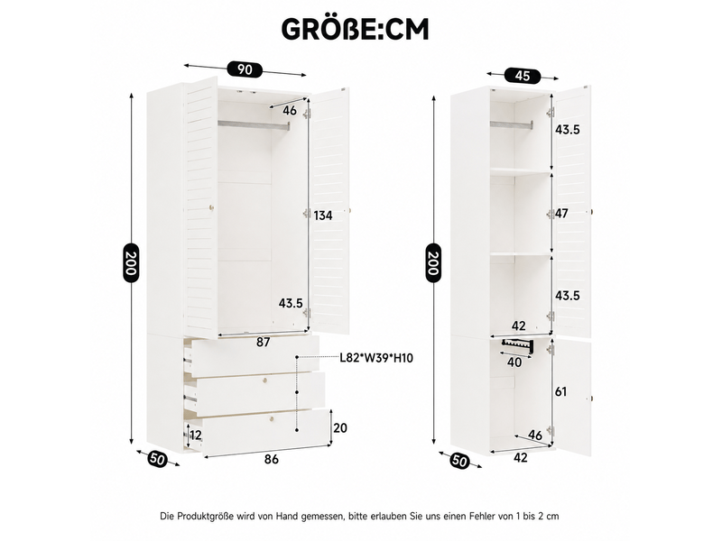  Armoire 3 portes modenvie à portes persiennées 135 x 50 x 200 cm avec 3 tiroirs, 2 tringles et porte-pantalons, panneau de particules blanc  - Conforama C