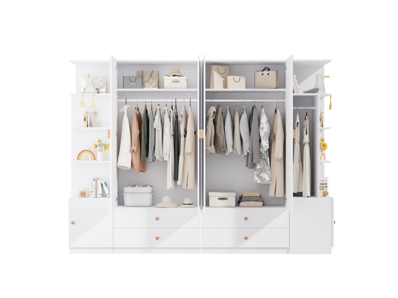 Armoire,270x45x200 cm,6 portes avec 4 tiroirs et 4 penderies,mdf,blanche - Conforama A