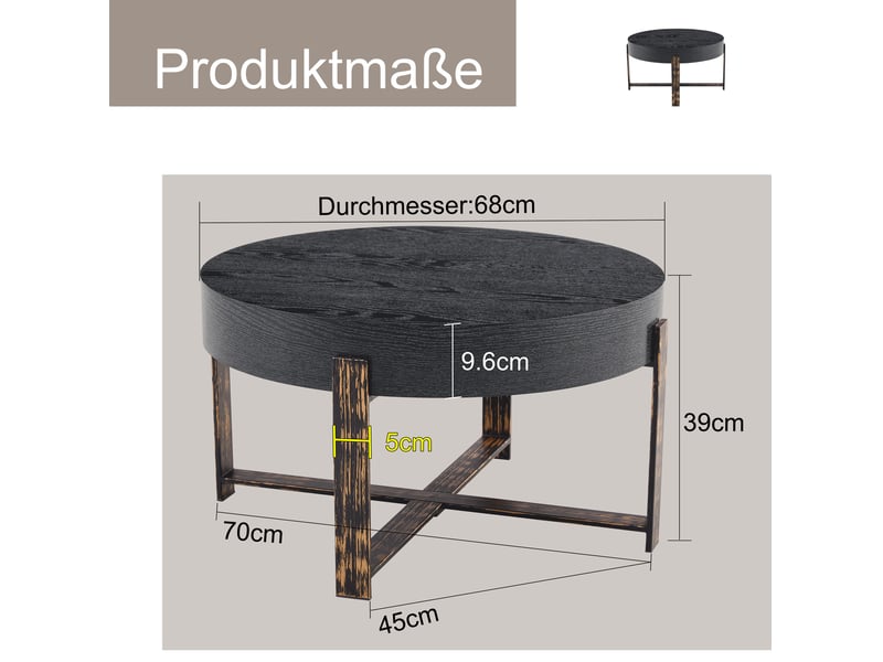  Table d'appoint ronde 68x68x39 cm, ép. 9,6 cm, design minimaliste, piètement croisé en métal, mdf effet de bois, noir  - Conforama C