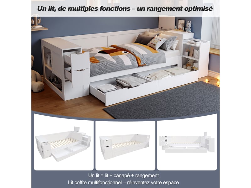 Lit enfant multi 140x190cm, lit 2 place avec tiroirs, espace de rangement, sommier, pour chambre, mdf blanc sans matelas  - Conforama R